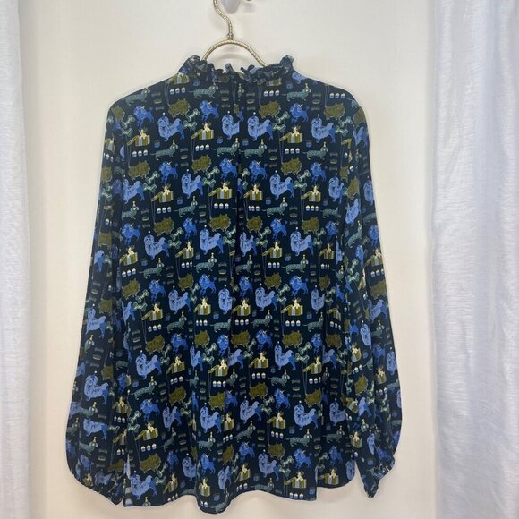 Tyler Boe Halprin Silk Shirt Woof Dog Party Print Ladies Size SMALL Novelty - Picture 2 of 7